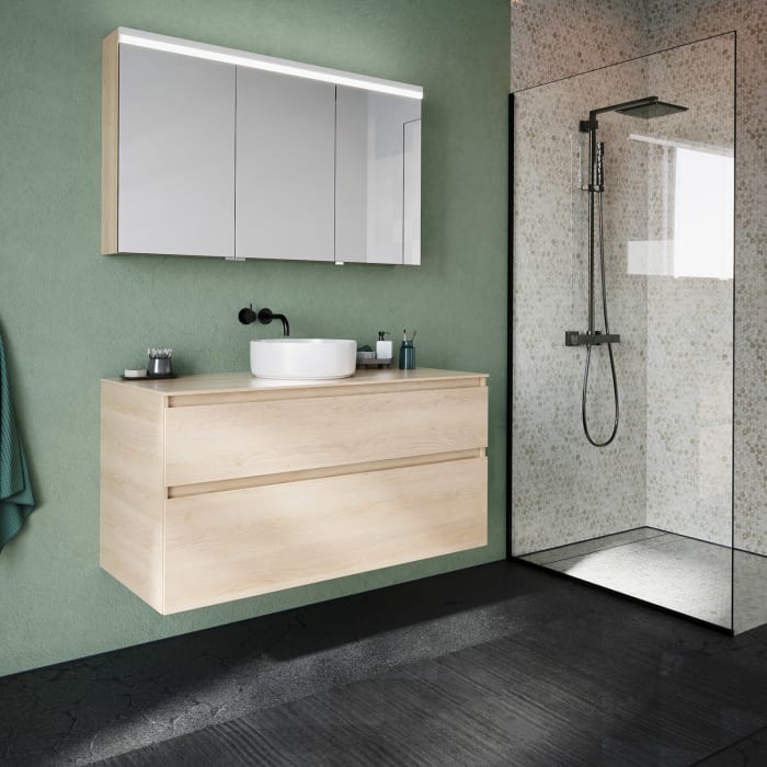 burgbad Lin20 Waschtischunterschrank mit Konsolenplatte 120 cm, 2 Auszüge, Beckenausschnitt mittig