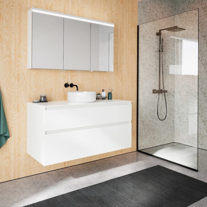 burgbad Lin20 Waschtischunterschrank mit Konsolenplatte 120 cm, 2 Auszüge, Beckenausschnitt mittig