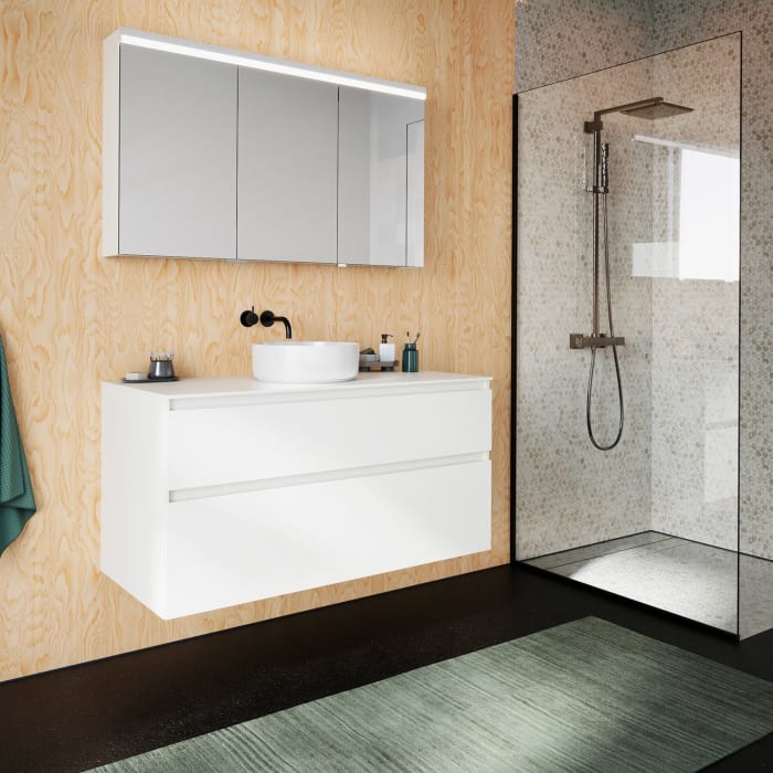 burgbad Lin20 Waschtischunterschrank mit Konsolenplatte 120 cm, 2 Auszüge, Beckenausschnitt mittig