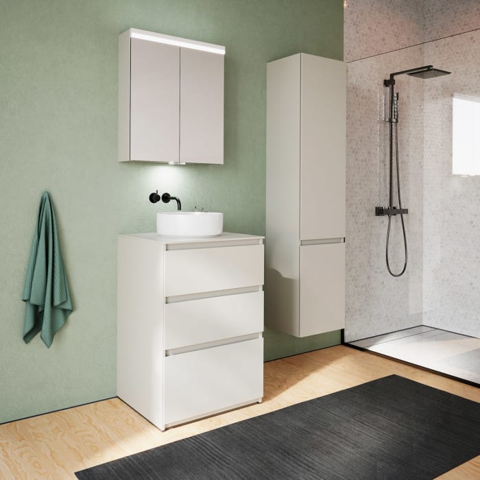 burgbad Lin20 Waschtischunterschrank mit Konsolenplatte 60 cm,  3 Auszüge, Beckenausschnitt mittig