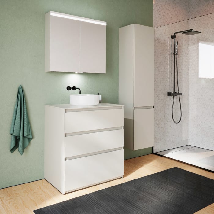 burgbad Lin20 Waschtischunterschrank mit Konsolenplatte 80 cm,  3 Auszüge, Beckenausschnitt mittig