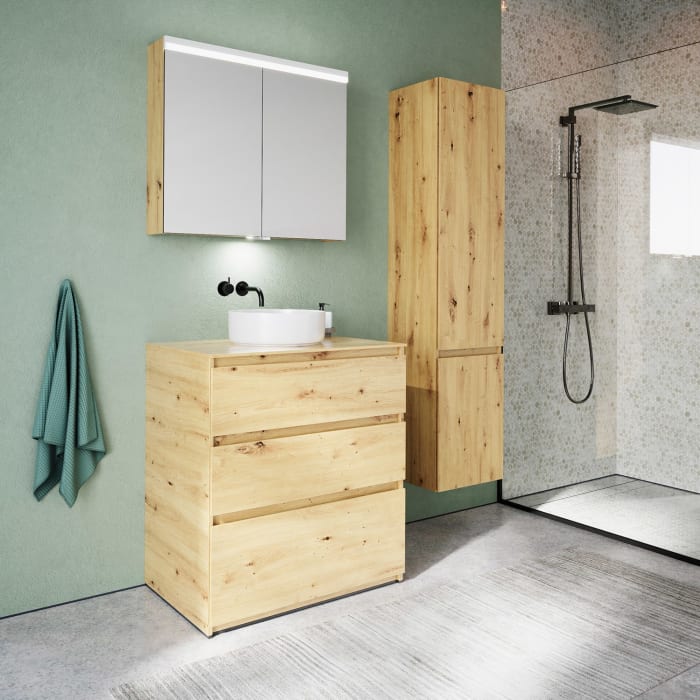 burgbad Lin20 Waschtischunterschrank mit Konsolenplatte 80 cm, 3 Auszüge, Beckenausschnitt mittig