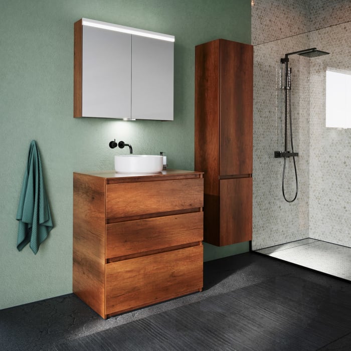 burgbad Lin20 Waschtischunterschrank mit Konsolenplatte 80 cm, 3 Auszüge, Beckenausschnitt mittig