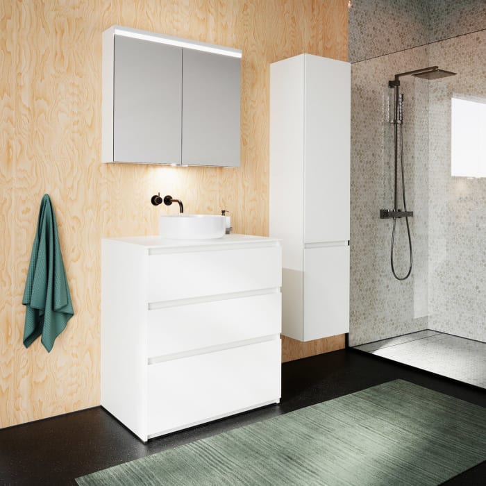 burgbad Lin20 Waschtischunterschrank mit Konsolenplatte 80 cm, 3 Auszüge, Beckenausschnitt mittig