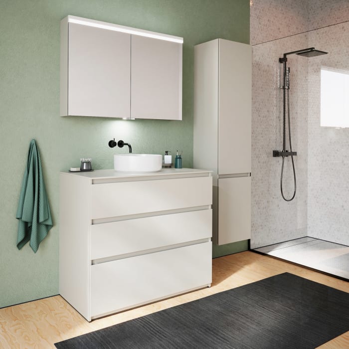 burgbad Lin20 Waschtischunterschrank mit Konsolenplatte 100 cm,  3 Auszüge, Beckenausschnitt mittig