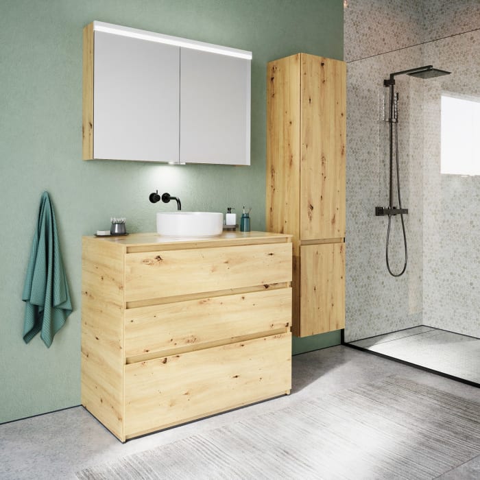 burgbad Lin20 Waschtischunterschrank mit Konsolenplatte 100 cm, 3 Auszüge, Beckenausschnitt mittig