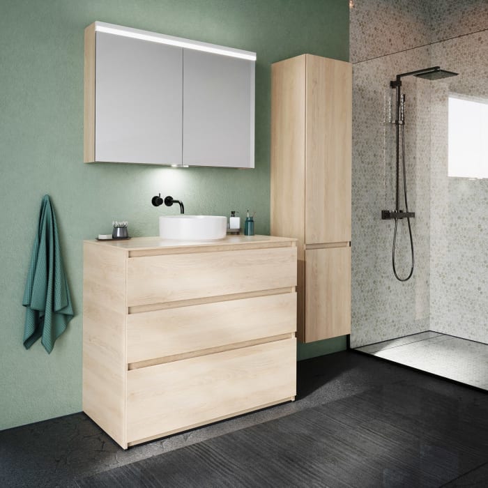 burgbad Lin20 Waschtischunterschrank mit Konsolenplatte 100 cm, 3 Auszüge, Beckenausschnitt mittig