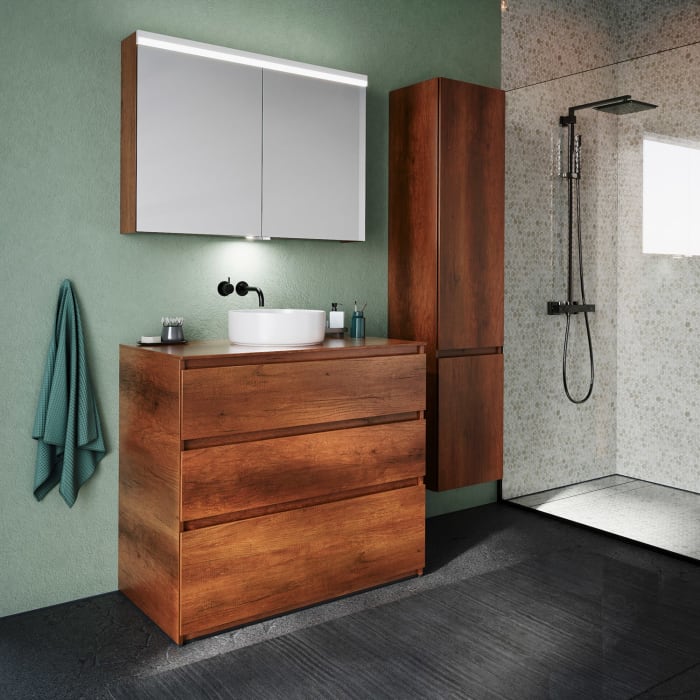 burgbad Lin20 Waschtischunterschrank mit Konsolenplatte 100 cm, 3 Auszüge, Beckenausschnitt mittig