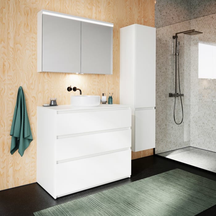 burgbad Lin20 Waschtischunterschrank mit Konsolenplatte 100 cm, 3 Auszüge, Beckenausschnitt mittig