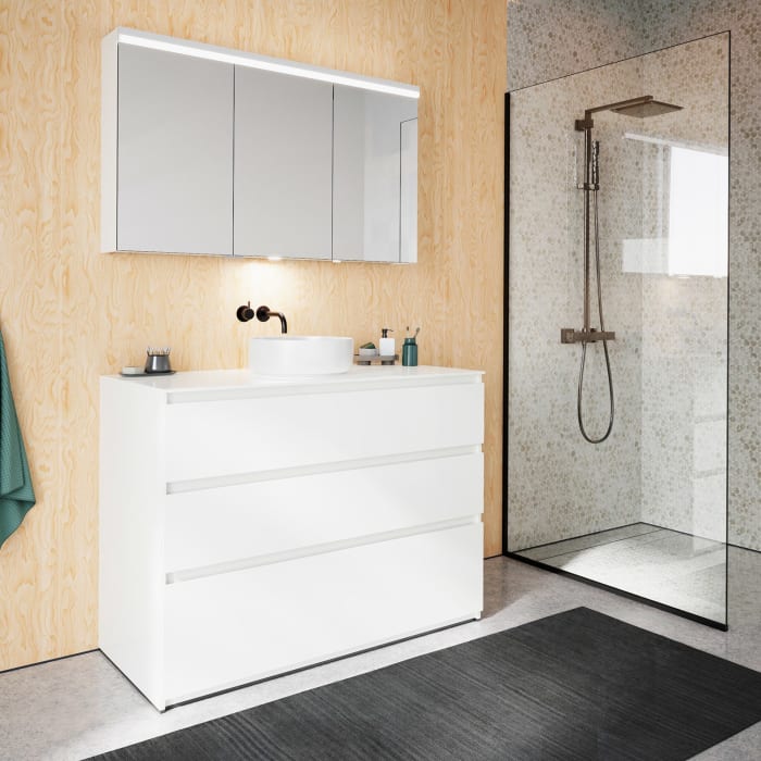 burgbad Lin20 Waschtischunterschrank mit Konsolenplatte 120 cm, 3 Auszüge, Beckenausschnitt mittig