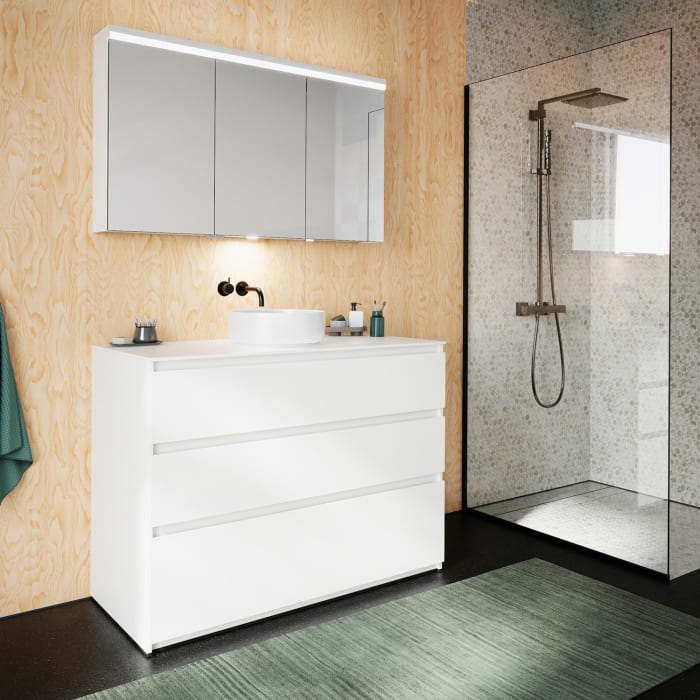 burgbad Lin20 Waschtischunterschrank mit Konsolenplatte 120 cm, 3 Auszüge, Beckenausschnitt mittig