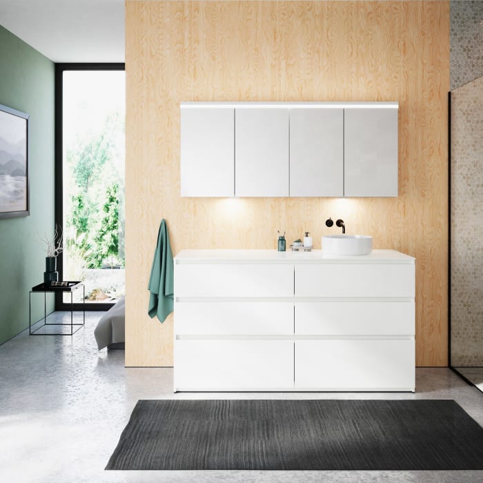 burgbad Lin20 Waschtischunterschrank mit Konsolenplatte 160 cm, 6 Auszüge, Beckenausschnitt rechts