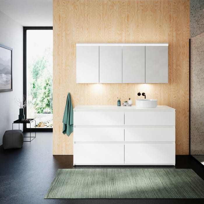 burgbad Lin20 Waschtischunterschrank mit Konsolenplatte 160 cm, 6 Auszüge, Beckenausschnitt rechts