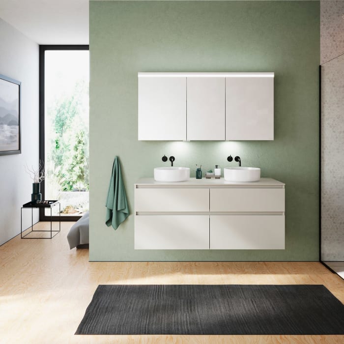 burgbad Lin20 Waschtischunterschrank mit Konsolenplatte 140 cm, 4 Auszüge, Beckenausschnitt links und rechts