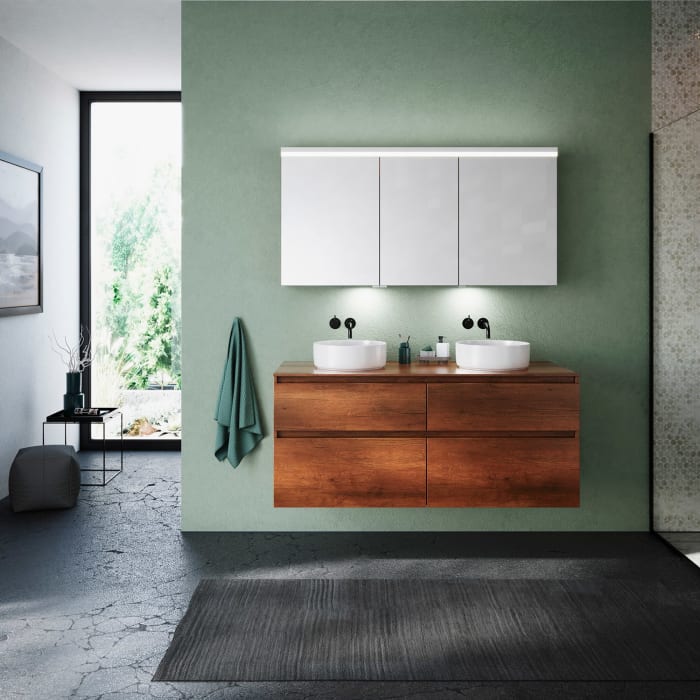 burgbad Lin20 Waschtischunterschrank mit Konsolenplatte 140 cm, 4 Auszüge, Beckenausschnitt links und rechts