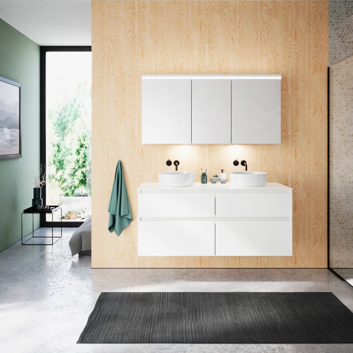 burgbad Lin20 Waschtischunterschrank mit Konsolenplatte 140 cm, 4 Auszüge, Beckenausschnitt links und rechts