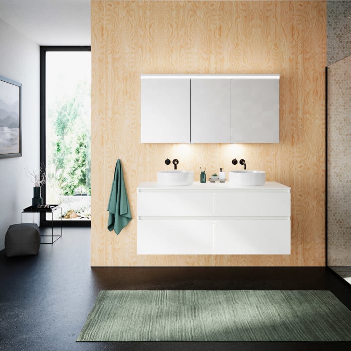 burgbad Lin20 Waschtischunterschrank mit Konsolenplatte 140 cm, 4 Auszüge, Beckenausschnitt links und rechts