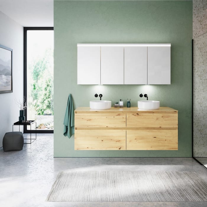 burgbad Lin20 Waschtischunterschrank mit Konsolenplatte 160 cm, 4 Auszüge, Beckenausschnitt links und rechts