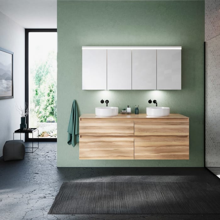 burgbad Lin20 Waschtischunterschrank mit Konsolenplatte 160 cm, 4 Auszüge, Beckenausschnitt links und rechts