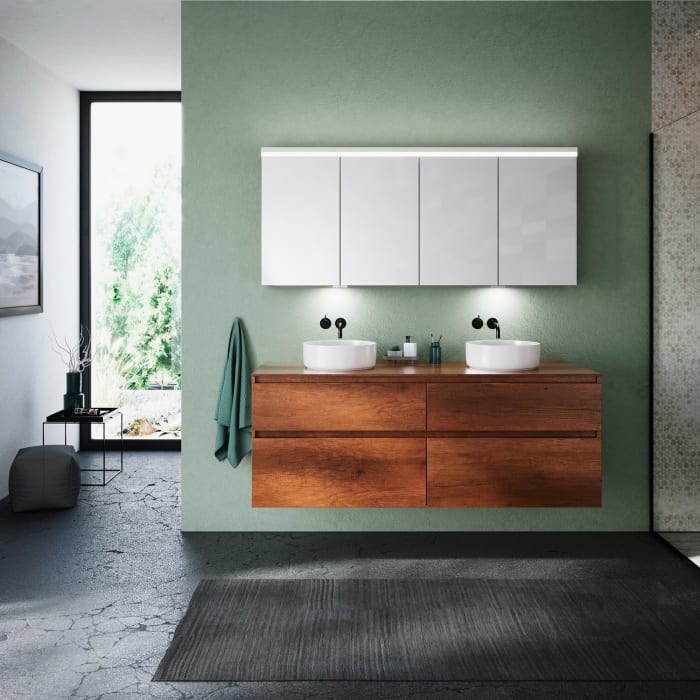 burgbad Lin20 Waschtischunterschrank mit Konsolenplatte 160 cm, 4 Auszüge, Beckenausschnitt links und rechts