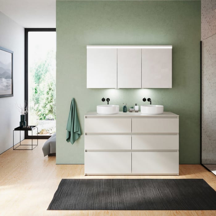 burgbad Lin20 Waschtischunterschrank mit Konsolenplatte 140 cm, 6 Auszüge, Beckenausschnitt links und rechts