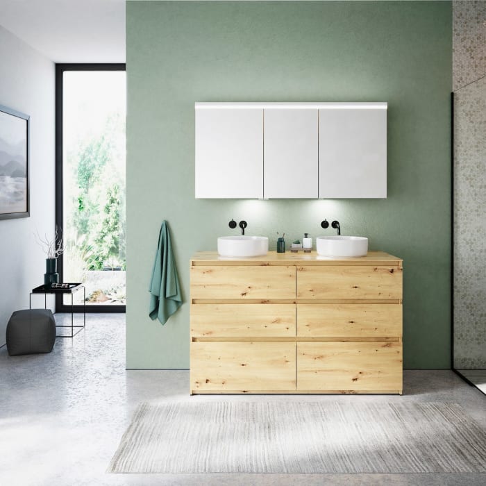 burgbad Lin20 Waschtischunterschrank mit Konsolenplatte 140 cm, 6 Auszüge, Beckenausschnitt links und rechts