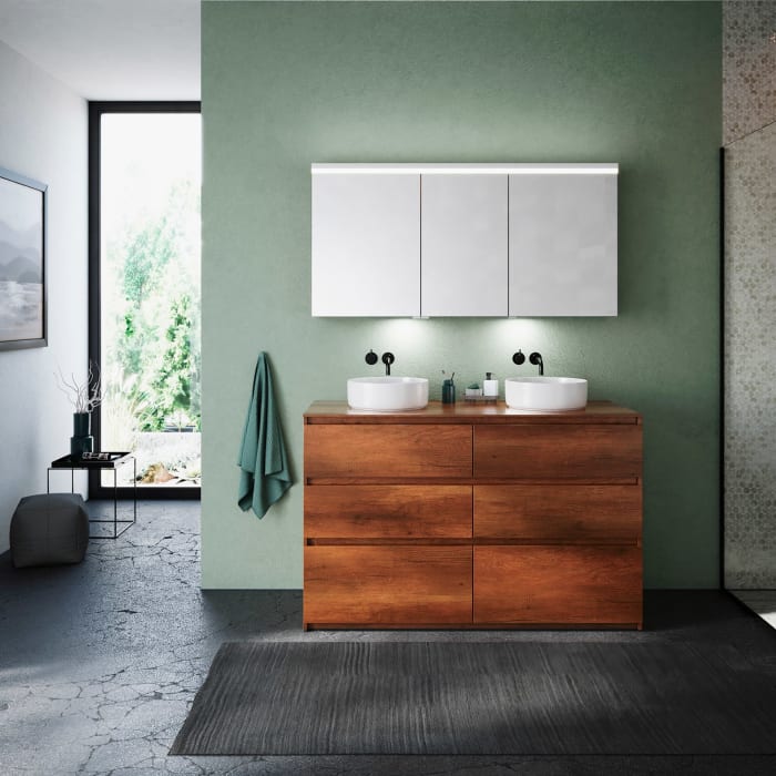 burgbad Lin20 Waschtischunterschrank mit Konsolenplatte 140 cm, 6 Auszüge, Beckenausschnitt links und rechts