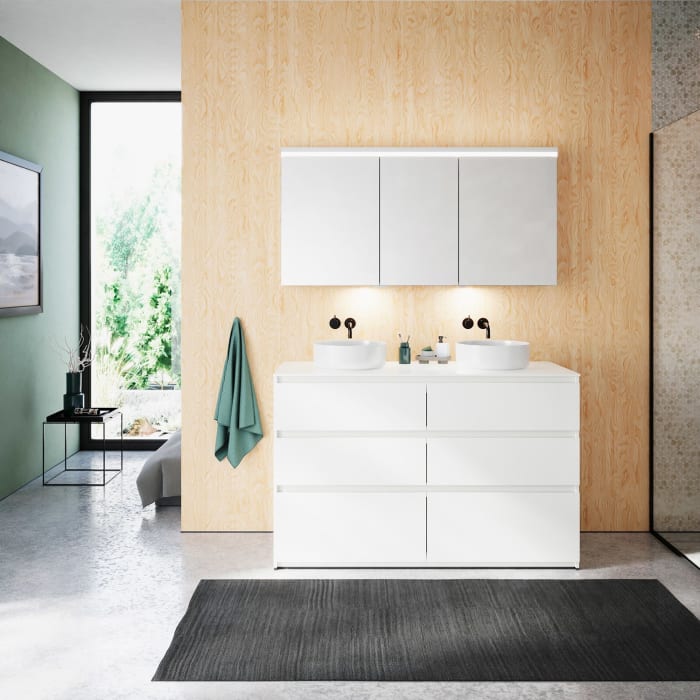 burgbad Lin20 Waschtischunterschrank mit Konsolenplatte 140 cm, 6 Auszüge, Beckenausschnitt links und rechts