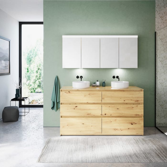 burgbad Lin20 Waschtischunterschrank mit Konsolenplatte 160 cm, 6 Auszüge, Beckenausschnitt links und rechts