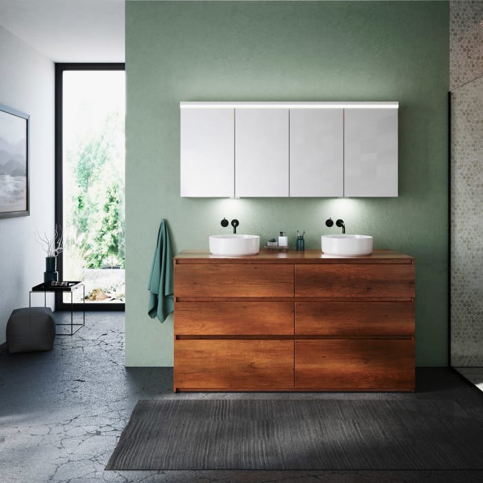 burgbad Lin20 Waschtischunterschrank mit Konsolenplatte 160 cm, 6 Auszüge, Beckenausschnitt links und rechts