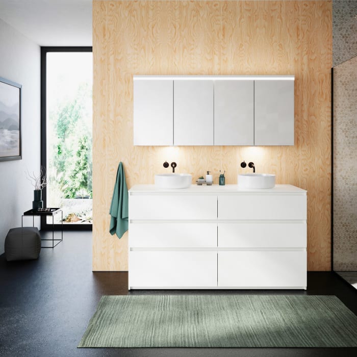 burgbad Lin20 Waschtischunterschrank mit Konsolenplatte 160 cm, 6 Auszüge, Beckenausschnitt links und rechts