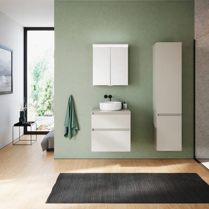 burgbad Lin20 Waschtischunterschrank mit Konsolenplatte 60 cm,  2 Auszüge, Beckenausschnitt mittig