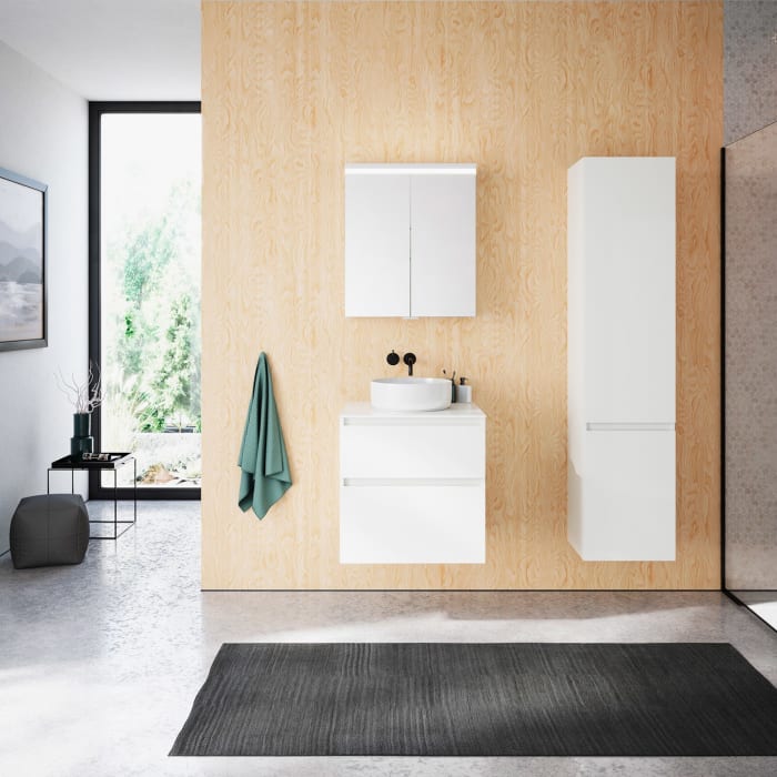 burgbad Lin20 Waschtischunterschrank mit Konsolenplatte 60 cm, 2 Auszüge, Beckenausschnitt mittig