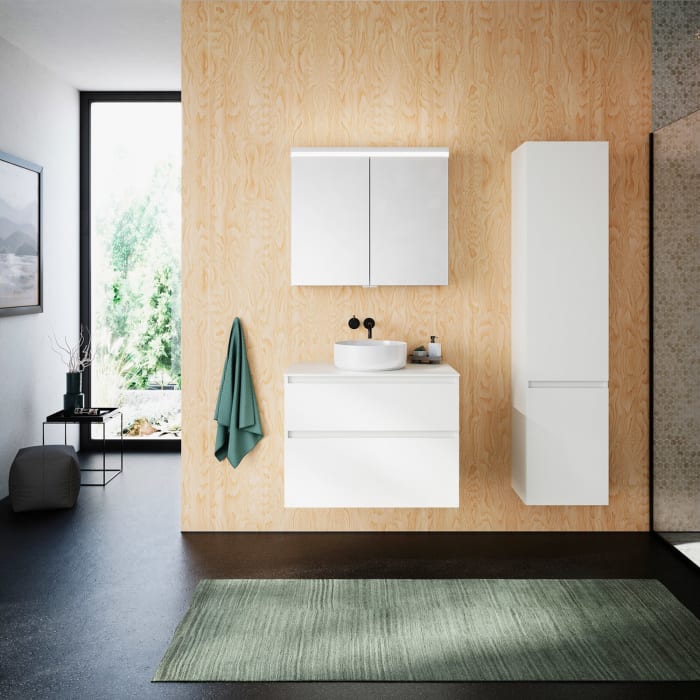 burgbad Lin20 Waschtischunterschrank mit Konsolenplatte 80 cm, 2 Auszüge, Beckenausschnitt mittig