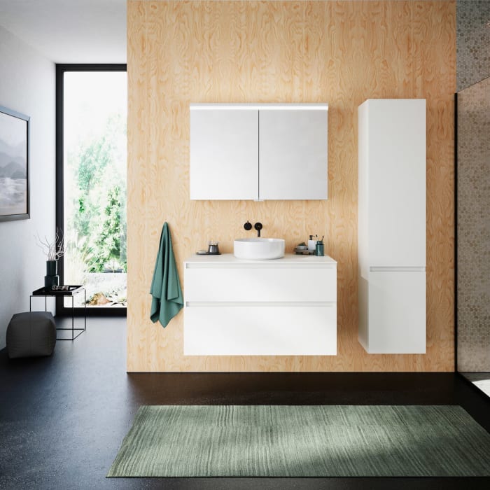 burgbad Lin20 Waschtischunterschrank mit Konsolenplatte 100 cm, 2 Auszüge, Beckenausschnitt mittig