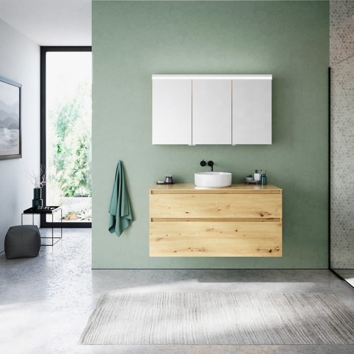 burgbad Lin20 Waschtischunterschrank mit Konsolenplatte 120 cm, 2 Auszüge, Beckenausschnitt mittig