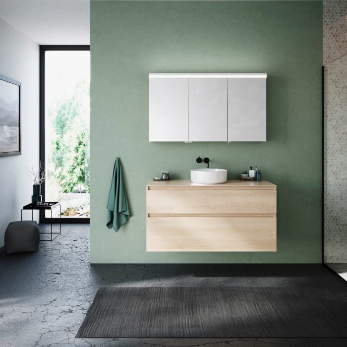 burgbad Lin20 Waschtischunterschrank mit Konsolenplatte 120 cm, 2 Auszüge, Beckenausschnitt mittig