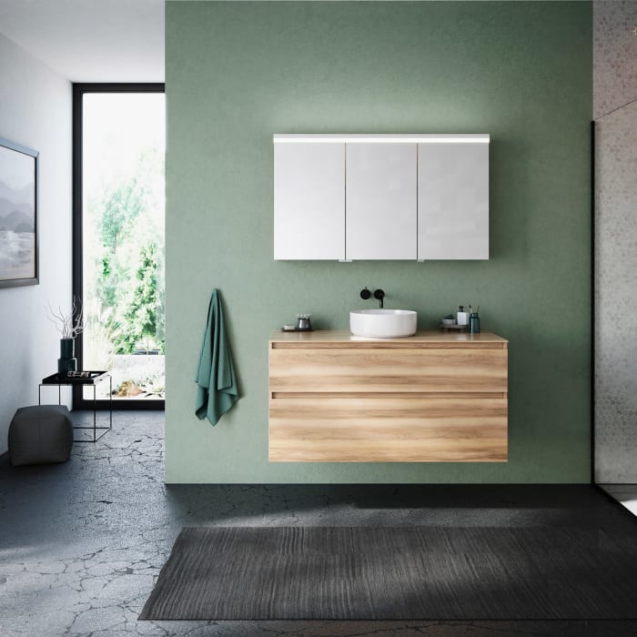 burgbad Lin20 Waschtischunterschrank mit Konsolenplatte 120 cm, 2 Auszüge, Beckenausschnitt mittig