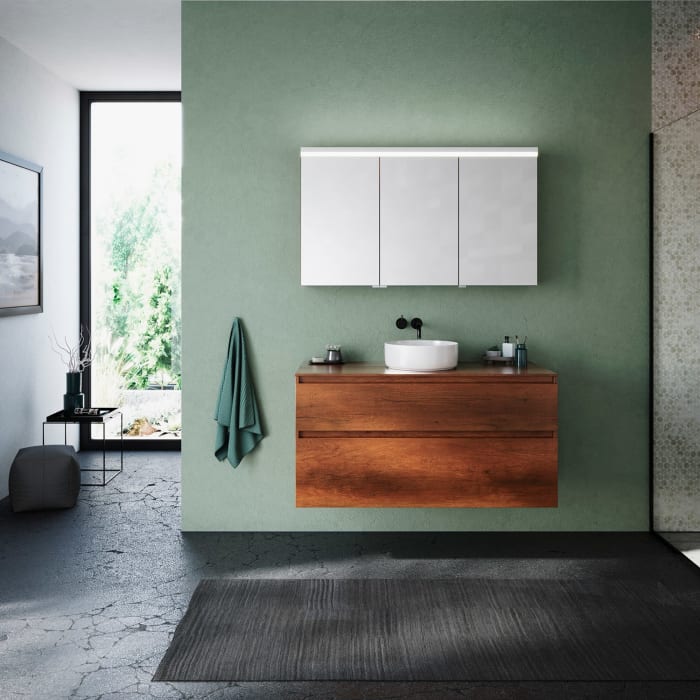 burgbad Lin20 Waschtischunterschrank mit Konsolenplatte 120 cm, 2 Auszüge, Beckenausschnitt mittig