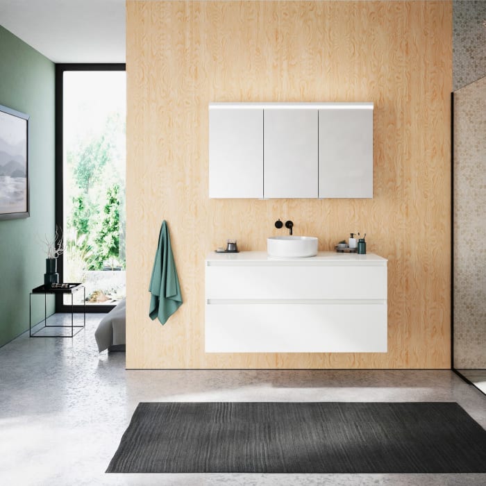 burgbad Lin20 Waschtischunterschrank mit Konsolenplatte 120 cm, 2 Auszüge, Beckenausschnitt mittig