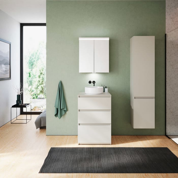 burgbad Lin20 Waschtischunterschrank mit Konsolenplatte 60 cm,  3 Auszüge, Beckenausschnitt mittig