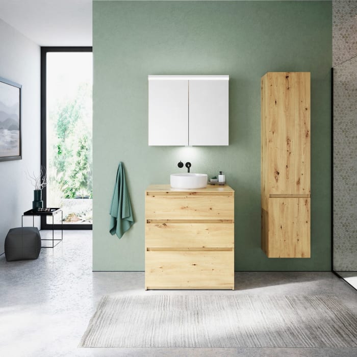 burgbad Lin20 Waschtischunterschrank mit Konsolenplatte 80 cm, 3 Auszüge, Beckenausschnitt mittig