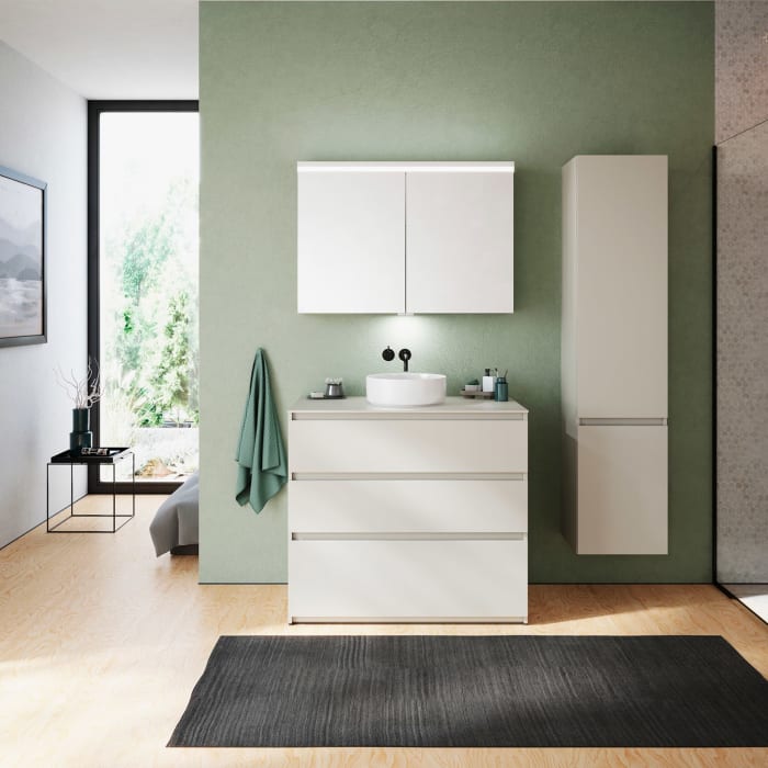 burgbad Lin20 Waschtischunterschrank mit Konsolenplatte 100 cm,  3 Auszüge, Beckenausschnitt mittig