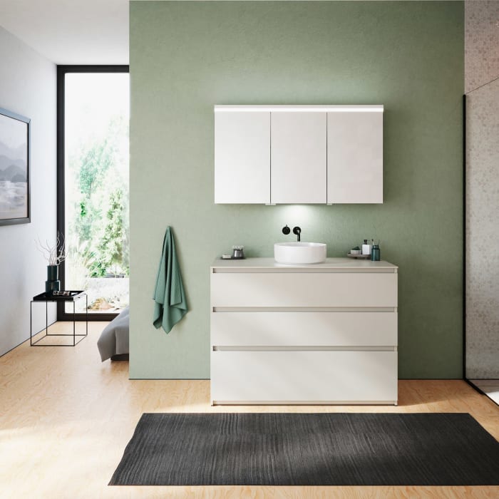 burgbad Lin20 Waschtischunterschrank mit Konsolenplatte 120 cm,  3 Auszüge, Beckenausschnitt mittig