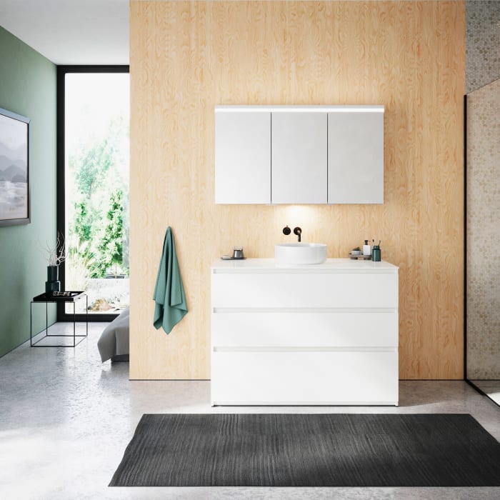 burgbad Lin20 Waschtischunterschrank mit Konsolenplatte 120 cm, 3 Auszüge, Beckenausschnitt mittig