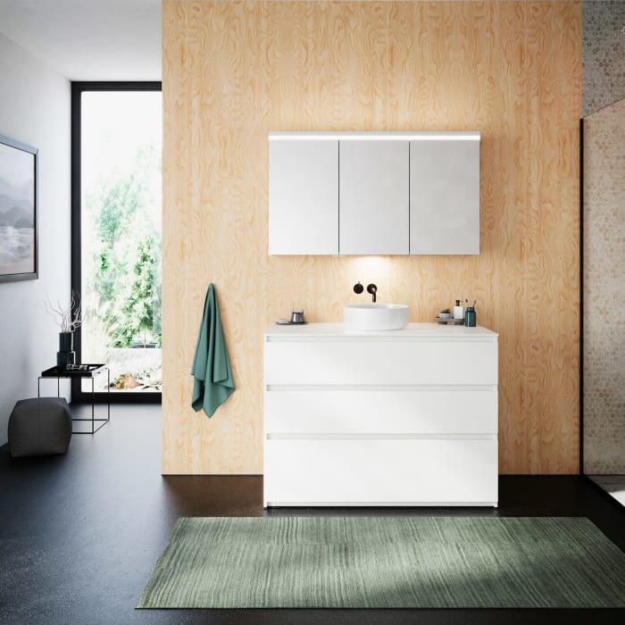 burgbad Lin20 Waschtischunterschrank mit Konsolenplatte 120 cm, 3 Auszüge, Beckenausschnitt mittig