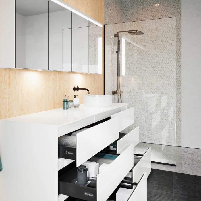 burgbad Lin20 Waschtischunterschrank mit Konsolenplatte 160 cm, 6 Auszüge, Beckenausschnitt rechts