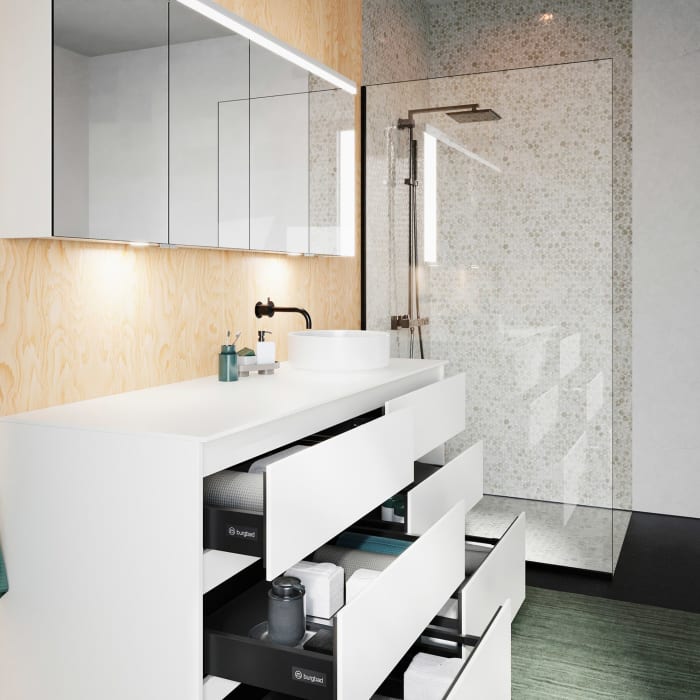 burgbad Lin20 Waschtischunterschrank mit Konsolenplatte 160 cm, 6 Auszüge, Beckenausschnitt rechts