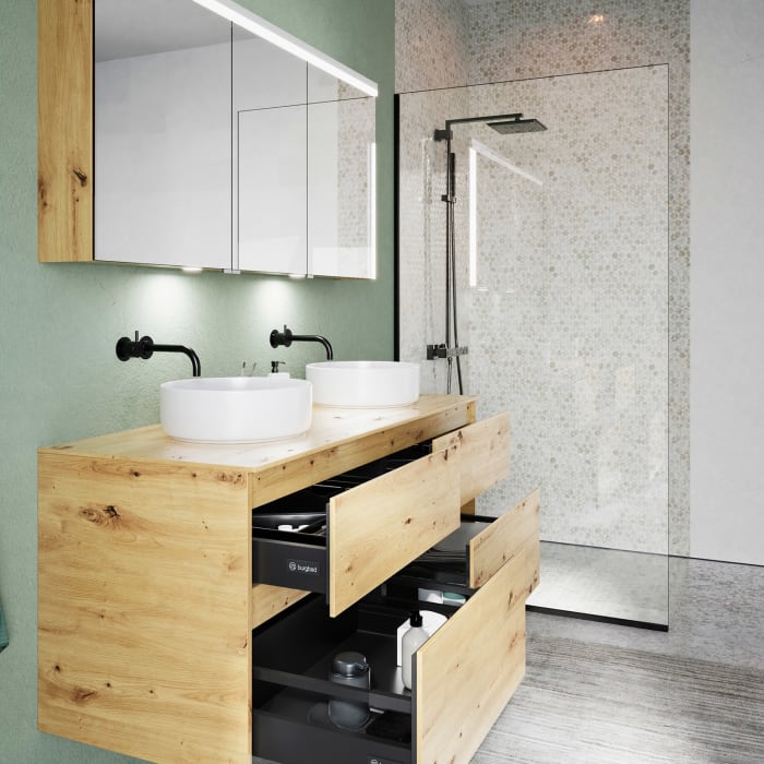 burgbad Lin20 Waschtischunterschrank mit Konsolenplatte 140 cm, 4 Auszüge, Beckenausschnitt links und rechts