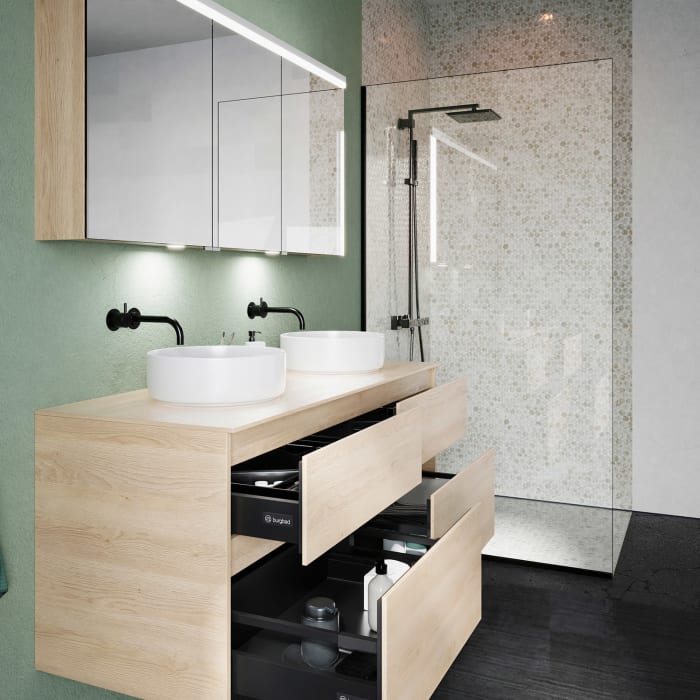 burgbad Lin20 Waschtischunterschrank mit Konsolenplatte 140 cm, 4 Auszüge, Beckenausschnitt links und rechts